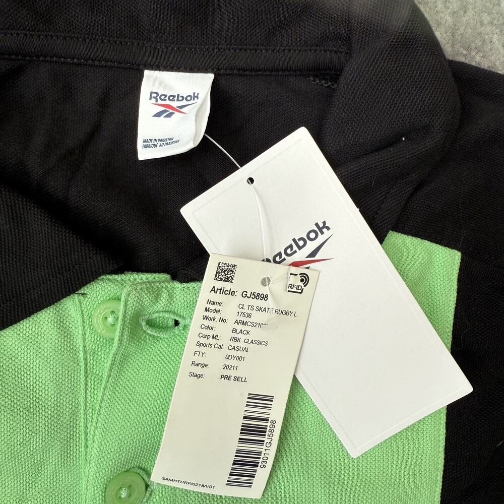 Reebok Shirt Mens Medium Black Green Skate Rugby Long Sleeve Casual Sport NEW - Picture 3 of 10